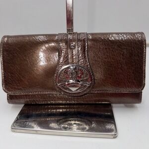 Kathy Van Zeeland Metallic Bronze Trifold Wallet Silver Crown Heart Medallion